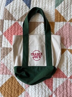 Trader Joes Mini Tote Bag in Cream and Dark Green